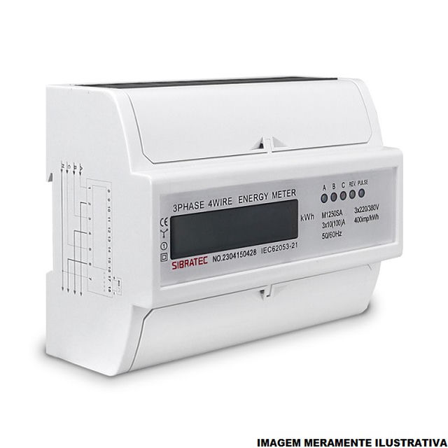 Medidor Digital Energia Ativa Trifásico M1250SA Display LCD 127-220VCA 220-380VCA 100A 100x123x65 mm